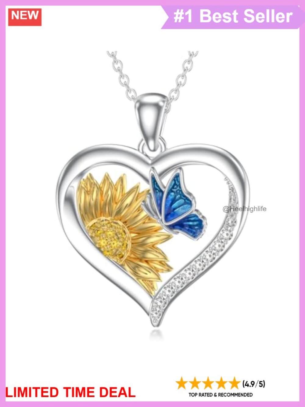 S925 Sterling Silver Butterfly Sunflower Heart Pendant Necklace Women Jewelry